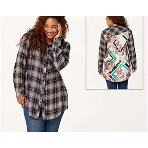 Tolani Neicy Mixed Print Tunic Shirt Plaid Floral Button Up Purple petite medium